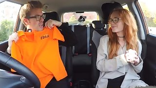 Fake Driving School Nerdy redhead teen student fucked to creampie orgasm